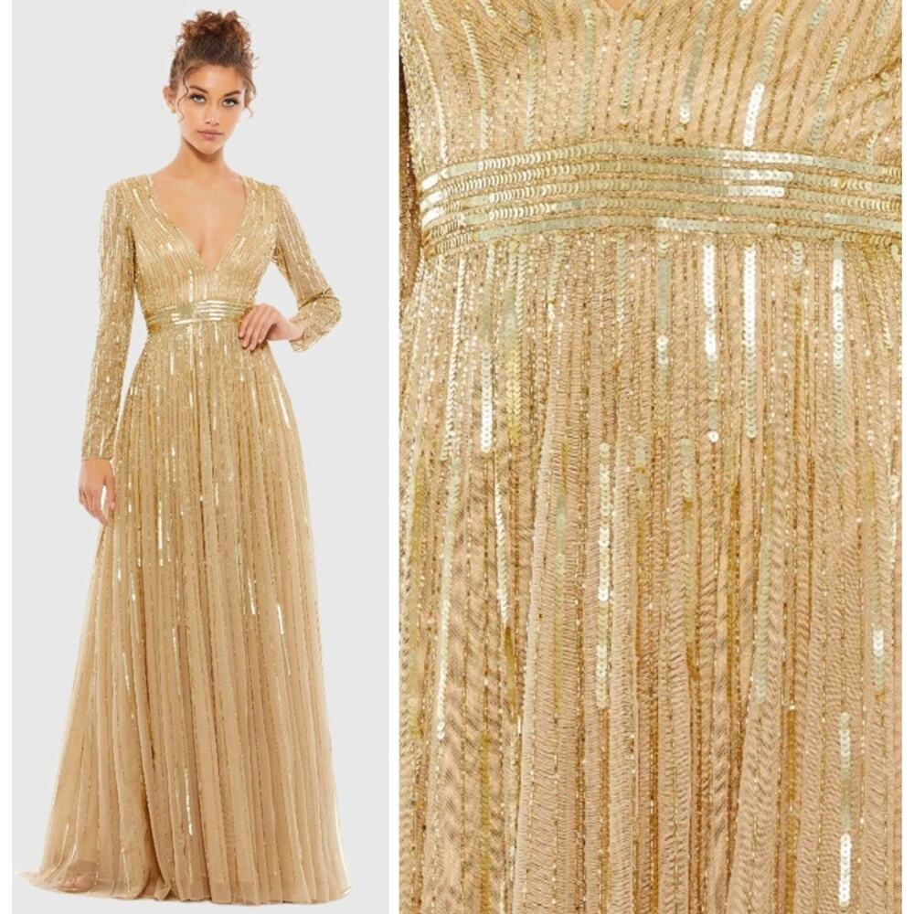 MAC DUGGAL 4977 Gold Sequin Size 12 Gown Plunging V Neck Illusion LongSleeve NWT